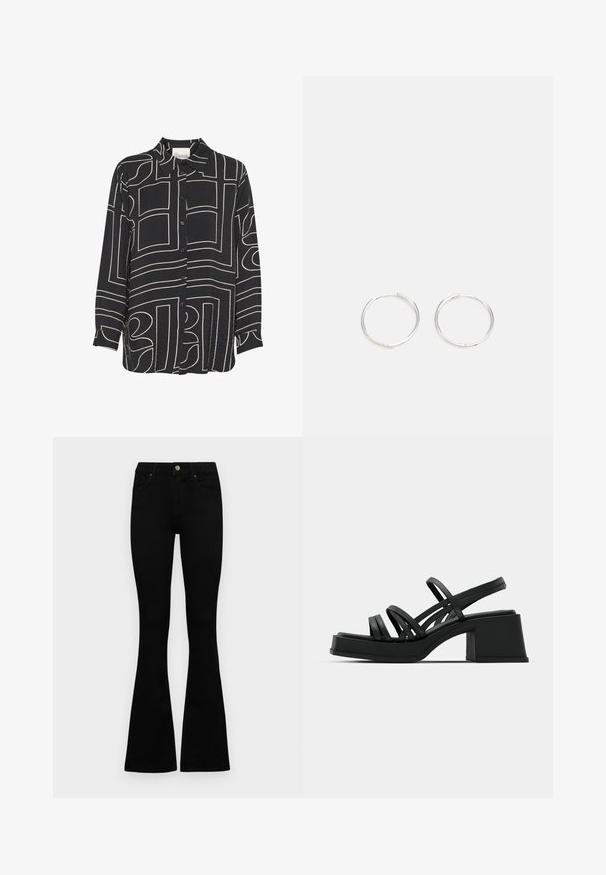Čierna košeľa na gombíky s dlhými rukávmi, zdobená abstraktnými béžovými líniami a klasickým golierom. Vyrobená z ľahkej, textúrovanej tkaniny.; Čierne vysoké nohavice s gombíkom a zipsom, predné vrecká a rozšírené nohavice položené na bielom pozadí.; Čierne sandále na vysokom podpätku s viacerými tenkými popruhmi a širokým blokovým podpätkom. Elegantný dizajn s matným povrchom. Chodidlová časť má mierny ohyb.; Strieborné kruhové náušnice s elegantným, okrúhlym dizajnom, s hladkým povrchom a bez viditeľných ozdôb. Priemer nie je špecifikovaný.