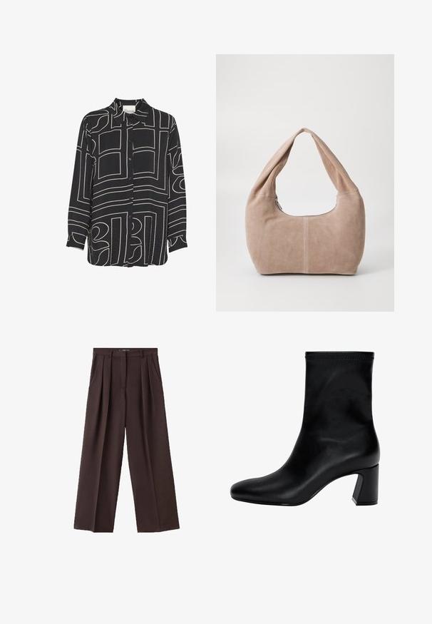 Cămașă neagră cu nasturi, cu mânecă lungă, având motive abstracte în nuanțe de bej și un guler clasic. Fabricată dintr-un material ușor, texturat.; Pantaloni largi maro dintr-un material texturat, având plii frontale, buzunare laterale și un design clasic al taliei.; Cizmă neagră până la gleznă, fabricată din piele netedă. Prezintă un vârf pătrat, partea de sus elastică și un toc masiv pentru stabilitate. Design minimalist.; Geantă hobo realizată din material moale, de tip suede, într-o nuanță de bej deschis. Are o formă rotundă, cu o curea lată și închidere cu fermoar.