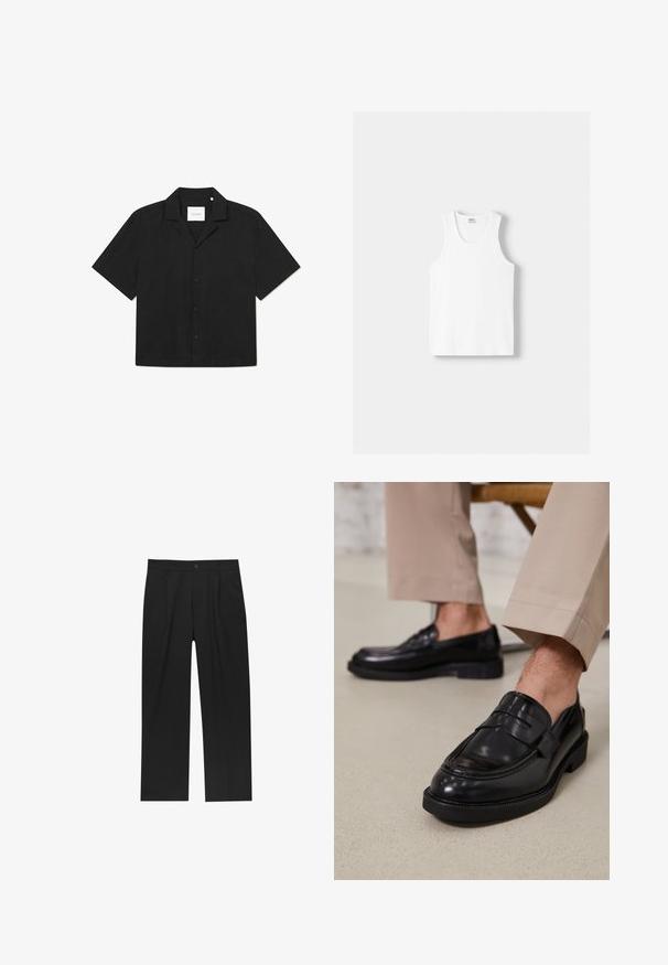 Czarna koszula krótki rękaw z zapięciem na guziki, płaski kołnierzyk, gładka tekstura i subtelny wzór na tkaninie, z metką "LES DEUX" wewnątrz.; Biały bawełniany top na ramiączkach z okrągłym dekoltem, szerokimi ramiączkami i prostym dołem, charakteryzujący się gładką teksturą i brakiem widocznych wzorów.; Czarne spodnie o prostym kroju, wykonane z gładkiego materiału. Posiadają zakładki z przodu i pojedyncze zapięcie na guziki w pasie.; Czarne skórzane mokasyny o gładkim wykończeniu, z dekoracyjnym paskiem i kontrastowym szwem, w połączeniu z beżowymi spodniami.