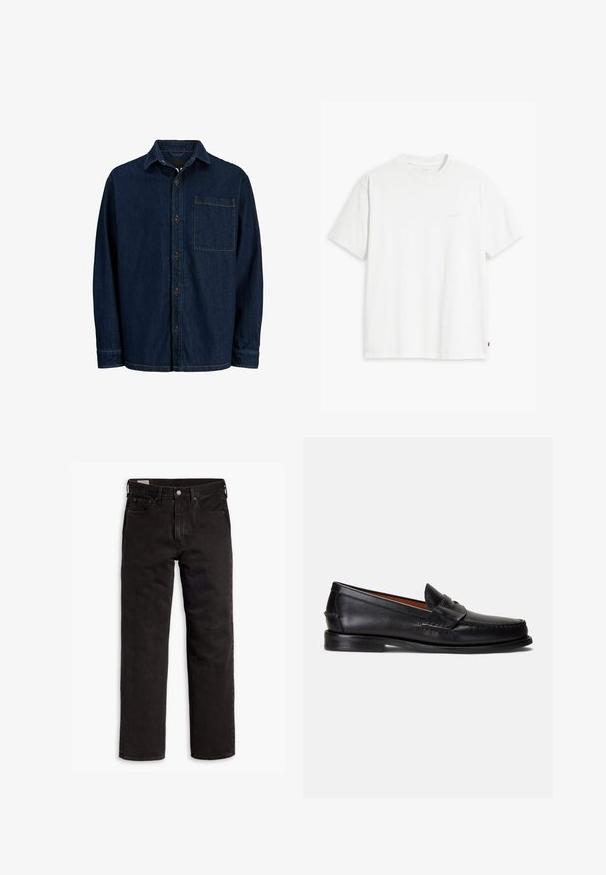 Dunkelblaue Denim-Hemd mit langen Ärmeln, einem spitzen Kragen und einer Brusttasche. Mit braunen Knöpfen und gelben Nähten.; Weißes Baumwoll-T-Shirt mit kurzen Ärmeln, Rundhalsausschnitt und dezentem Levi's-Logo in der Mitte. Weicher Stoff und normale Passform.; Schwarze gerade Jeans aus Denim mit fünf Taschen, Knopfverschluss und Gürtelschlaufen, flach auf einem weißen Hintergrund ausgelegt.; Schwarze Lederloafer mit glatter Oberfläche, abgerundetem Zehenbereich und dekorativem Riemen über dem Spann. Verfügt über eine flache schwarze Sohle.