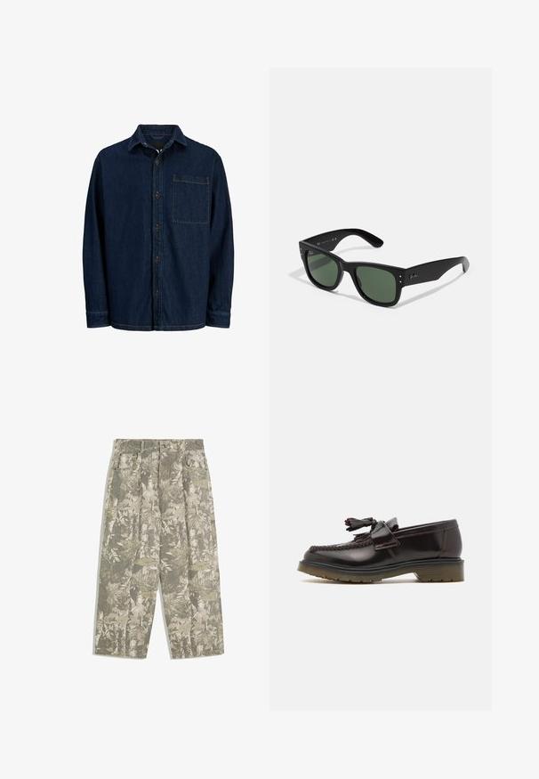 Camicia button-up in denim scuro con maniche lunghe, colletto a punta e taschino sul petto. Presenta bottoni marroni e cuciture gialle in evidenza.; Canotta bianca in cotone con scollatura rotonda, spalline larghe e orlo dritto, caratterizzata da una superficie liscia e senza motivi visibili.; Pantaloni cargo con gambe larghe in un motivo mimetico verde e beige a foglie e cortecce, dotati di tasche frontali e passanti per cintura.; Mocassini in pelle marrone con design intrecciato, dettaglio con nappine e suola piatta in gomma. Caratterizzati da una finitura liscia e cuciture a contrasto.; Occhiali da sole neri rettangolari con lenti verdi, finitura opaca, dettagli hardware discreti e logo impresso sulla tempia.; Borsa a tracolla verde oliva con doppie maniglie e una tracolla regolabile. Presenta un compartimento principale con zip e una tasca frontale con zip.