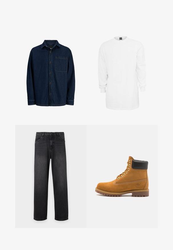 Tummansininen napitettava paitapusero pitkillä hihoilla, terävä kaulus ja rintatasku. Sisältää ruskeita nappeja ja keltaisia ompelu korostuksia.; Pitkähihaista valkoista puuvillapaitaa, jossa on pyöreä kaula-aukko, rento istuvuus ja ribbaatut hihat. Yksinkertainen muotoilu, ei graafisia kuvastoja tai kuvioita.; Tumma harmaat farkut suora lahjerakenteella, varustettuna vetoketjullisella haaroilla, viidellä taskulla ja hienovaraisilla haalistumis yksityiskohdilla kankaassa.; Valkoinen nahkainen nilkkuri mustalla pehmustetulla kauluksella, kultaisilla metallisilla rei'illä, valkoisella ompeluksella ja jykevällä kumipohjalla, jossa on selvästi näkyvät urat.