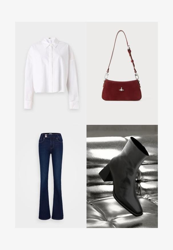 White cropped shirt made of cotton with a classic collar, button-down front, and long sleeves featuring cuffs. Smooth texture, simple design.; Dark blue flared jeans featuring a high-rise waist, two front pockets, and two button closures. Made from denim with a smooth texture.; Black ankle boot made of glossy material with a square toe and tapered heel, set against a shiny silver tufted background.; Red suede shoulder bag with a curved shape. Features a silver-tone accent and adjustable strap with hardware detailing. Smooth texture.