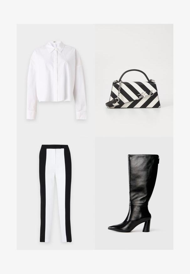 Hvid cropped skjorte lavet af bomuld med klassisk krave, knaplukning foran og lange ærmer med manchetter. Glat tekstur, enkelt design.;  Sorte og hvide tapered bukser med en slim fit og kontrasterende paneler. Stoffet har en glat tekstur; taljebåndet er fladt og tætsiddende.; Knee-high sorte læderstøvle med spids tå, glat tekstur og en kraftig hæl. Har en lynlåsdetaile bagpå.; Sort-hvid stribet håndtaske med en struktureret form, der har et håndtag på toppen, en aftagelig kædestrop og et metallisk logo som accent.