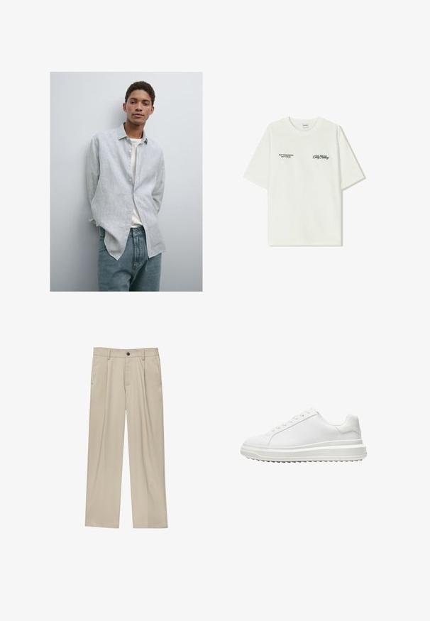 Jasnoniebieska koszula w białe paski zapinana na guziki z kołnierzykiem, w połączeniu z jasnoniebieskimi dżinsami. Gładki materiał, luźny krój i długie rękawy.; Biała bawełniana koszulka z krótkim rękawem. Z przodu znajduje się czarny napis: „NIE JUTRO, NIE DZIŚ” oraz „SZTUKA RUCHU BRUDU” w zielonym skrypcie.; Beżowe spodnie o prostym kroju, z pojedynczym czarnym guzikiem, szlufkami na pasek oraz bocznymi kieszeniami. Gładka faktura materiału i minimalistyczny design.; Białe sneakersy z gładką syntetyczną cholewką, okrągłym noskiem, płaskimi sznurowadłami, teksturowana podeszwa oraz warstwowym, platformowym designem dla dodatkowej wysokości.
