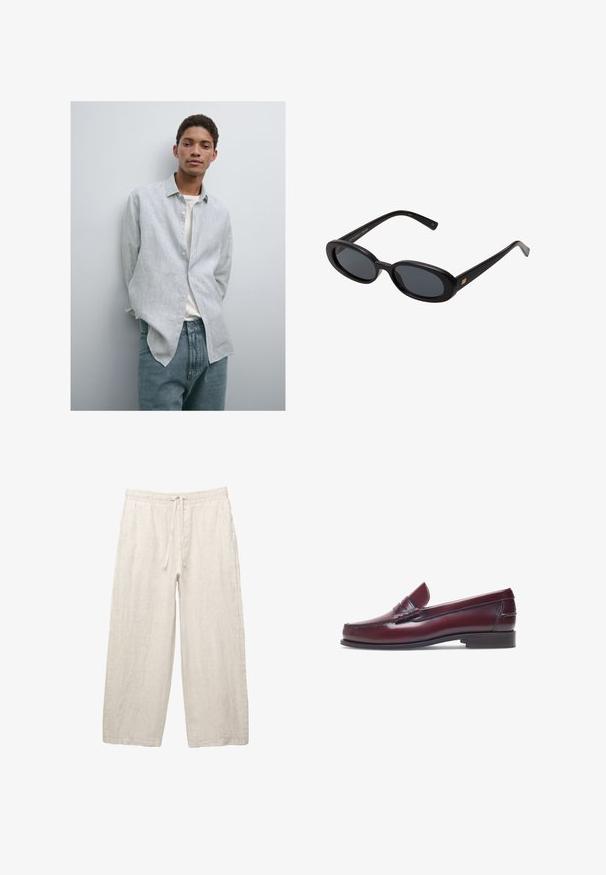 Lichtblauw en wit gestreepte button-up shirt met een kraag, gecombineerd met lichtblauwe denim jeans. Soepele stof, relaxte pasvorm en lange mouwen.; Linnen broeken in lichtbeige, met een elastische tailleband met een trekkoord, een wijde pasvorm en zijzakken. Gladde textuur.; Bordeaux leren instapper met een ronde neus, gestikte details en een kleine decoratieve accent op de schacht. Platte, contrasterende zool.; Zwarte oversized zonnebril met ovale lenzen, een glad plastic montuur en gouden accenten op de pootjes. Donkere lenzen bieden bescherming tegen de zon.