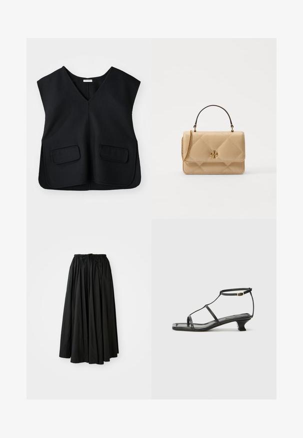 Schwarze, ärmellose Weste mit V-Ausschnitt, aus einem strukturierten Stoff gefertigt. Verfügt über zwei Fronttaschen und einen geraden Saum.; Schwarze, knöchellange Skirt aus leichtem Stoff. Verfügt über einen gerafften Bund mit einem Kordelzug für eine verstellbare Passform und eine ausgestellte Silhouette.; Schwarze Ledersandale mit quadratischer Zehenpartie, dünnen Riemen, verstellbarem Knöchelriemen und einem niedrigen Absatz. Mit einem kleinen goldenen Akzent am Riemen.; Gepolsterte beige Lederhandtasche mit goldenen Beschlägen, Kettenriemen und einem oberen Griff. Verfügt über einen vorderen Klappdeckel und ein charakteristisches Logodetail.