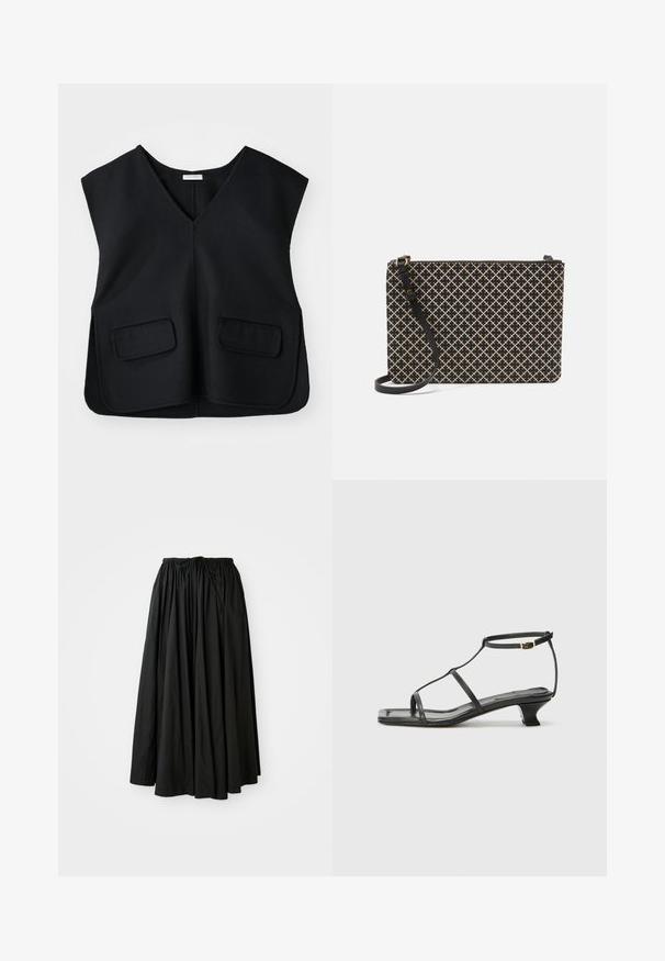 Black, sleeveless vest with a V-neck design, made of a textured fabric. Features two front pockets and a straight hem.; Black, ankle-length skirt made of lightweight fabric. Features a gathered waistband with a drawstring for adjustable fit and a flared silhouette.; Black leather sandal with a square toe, thin straps, adjustable ankle strap, and a low heel. Features a small gold accent on the strap.; Black and beige patterned handbag with a rectangular shape, featuring a crosshatch design, a zip closure, and a detachable black strap.
