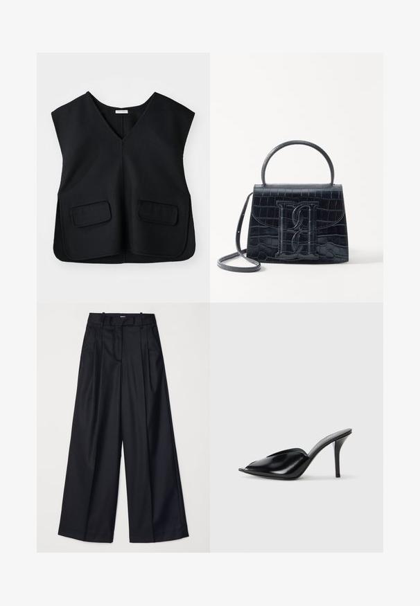 Vesta neagră, fără mâneci, cu un design în formă de V, realizată dintr-un material texturat. Dispune de două buzunare frontale și un tiv drept.; Pantaloni negri cu picioare late, confecționați dintr-un material neted, având talie înaltă, plii și un design croitorie. Accesorii simple negre la talie.; Mule-uri negre din piele cu toc înalt, cu vârf deschis, design ascuțit, textură fină și toc subțire stiletto.; Geantă din piele cu model de crocodil negru, cu un design structurat, mână superioară, curea ajustabilă și un detaliu proeminent cu logo pe față.