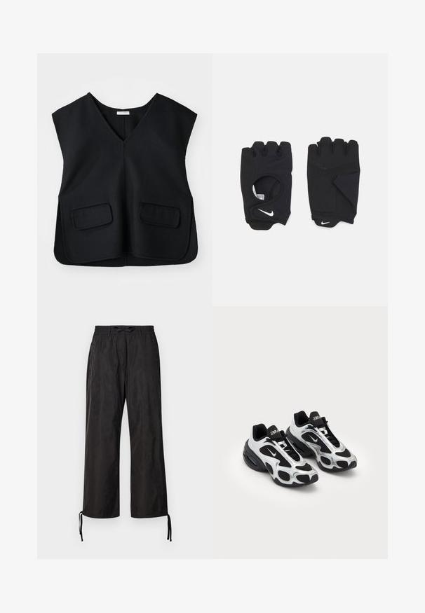 Melna bezpiegu jaka ar V-veida kaklu, izgatavota no strukturēta auduma. Iekļauj divas priekšējās kabatas un taisnu apakšmalu.; Melnas, brīvi pieguļošas bikses ar elastīgu jostu un regulējamām auklām pie potītēm. Gluda auduma ar smalku spīdumu.; Melnas un sudraba krāsas sporta kurpes ar sietiņu un sintētisku virsu, izceļoties ar izteiktu viļņotu dizainu un mīkstinātu apkaklīti, kā arī gaisa amortizāciju zole.; Melnas bezpirkstu cimdus, kas izgatavoti no elastīga materiāla, ar atvērtu plaukstas dizainu, satveršanas akcentiem un Nike logo baltā krāsā.
