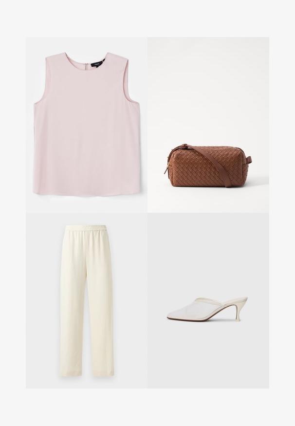 Light pink sleeveless blouse with a round neckline and a subtle back zipper. Smooth fabric with a relaxed, boxy fit.; Cream-colored, straight-leg pants with an elastic waistband, smooth texture, and no visible patterns or hardware.; White mesh pointed-toe mule with a slim mid-height heel and slip-on design against a plain background.; Brown woven leather bag with a rectangular shape, smooth texture, zip closure, and a shoulder strap. Features side handle and gold accents.
