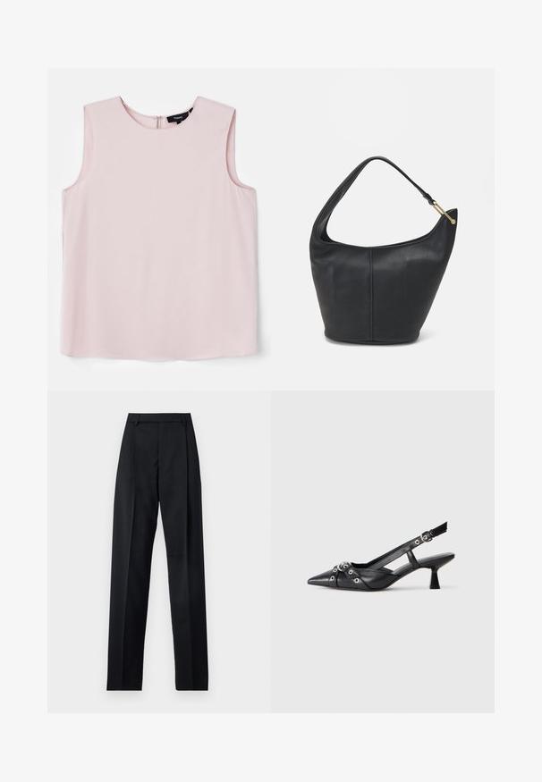 Blouse sans manches rose clair avec un col rond et une fermeture éclair discrète au dos. Tissu lisse avec une coupe décontractée et légèrement ample.; Pantalon noir en tissu lisse avec taille haute, jambes larges, plis à l'avant et passants de ceinture classiques. Pas de poches latérales visibles.; Chaussure slingback en cuir noir avec un bout pointu, des sangles décoratives avec œillets en métal et un petit talon carré. Surface texturée.; Sac à main en cuir noir avec une forme arrondie, une large bandoulière et une finition texturée. Présente un détail de couture subtil et un accent en métal doré.