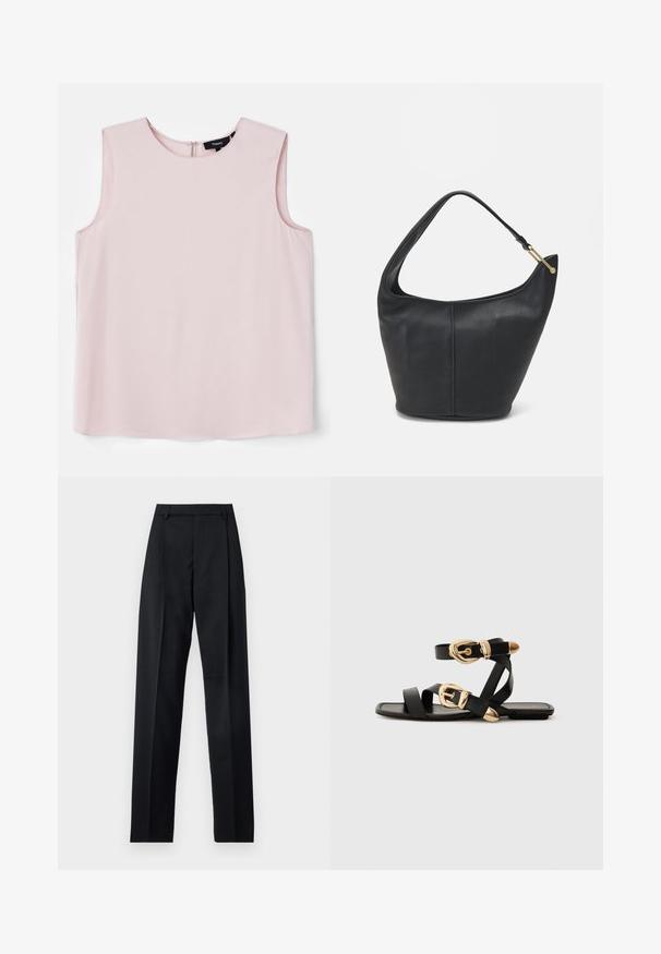 Blusa sin mangas de color rosa claro con un escote redondo y una cremallera sutil en la parte posterior. Tejido suave con un ajuste relajado y rectangular.; Pantalones negros de tela suave con cintura alta, piernas amplias, pliegues frontales y lazos de cinturón clásicos. No hay bolsillos laterales visibles.; Sandalias de cuero negro con acentos de hebillas doradas, que cuentan con múltiples correas y un diseño de suela plana para usar con los dedos al aire.; Bolso de cuero negro con forma redondeada, un strap ancho y un acabado texturizado. Presenta un sutil detalle de costura y un acento de hardware en tono dorado.