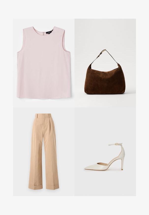 Light pink sleeveless blouse with a round neckline and a subtle back zipper. Smooth fabric with a relaxed, boxy fit.; Beige wide-leg trousers with a high waist, featuring pleats and a smooth texture. The cuffs are folded, adding structured detail.; White leather high-heeled shoe with a pointed toe, ankle strap, and a slim stiletto heel. Smooth texture with subtle glossy finish.; Brown suede hobo bag with a curved shape, a single adjustable strap, and a gold hardware accent on the strap. Soft texture throughout.