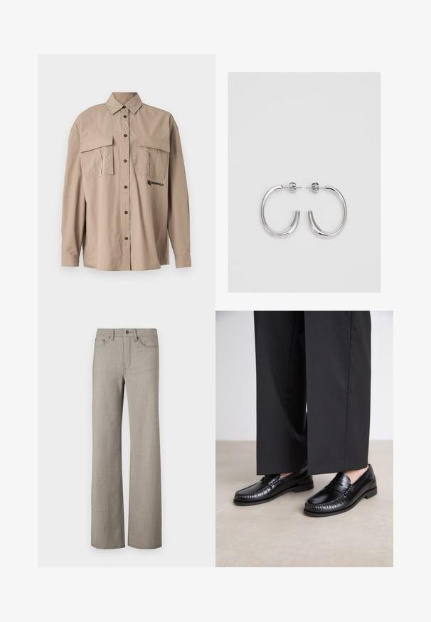 Beige button-up shirt made of lightweight fabric, featuring two chest pockets, a classic collar, and black logo embroidery on the left side.; Wide-leg pants in a light gray, textured fabric with a smooth finish. Features a button closure and five-pocket design.; Black leather loafers with a smooth finish, stitched detailing around the toe, and a low rubber sole. Paired with wide black trousers.; Silver hoop earrings with a smooth, shiny surface, featuring a curved shape and post-back closure. Minimalist design with a modern finish.