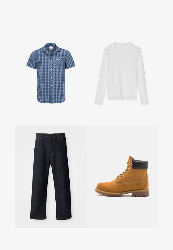 Korte mouwen overhemd met knopen in een blauw en zwart geruit patroon. Bevat een voorzak en logo op de borst. Gemaakt van katoen.; Langdurige witte T-shirt met lange mouwen, gemaakt van zachte stof, met een ronde halslijn en een eenvoudig ontwerp zonder zichtbare patronen of accenten.; Donkerblauwe denim broek met een rechte pasvorm, voorzien van gele stiksels, voorzakken en een knoopsluiting bij de taille.; Tan suède enkelboot met zwart gevoerd kraagje, gouden metalen oogjes, witte stikdetails en een robuuste rubberen zool met uitgesproken profiel.