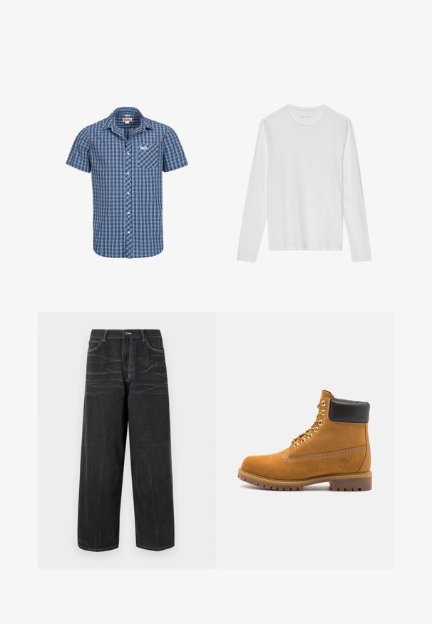 Camicia a maniche corte con bottoni in un motivo a quadretti blu e nero. Presenta una tasca frontale e un logo sul petto. Realizzata in tessuto di cotone.; Maglietta a maniche lunghe bianca in tessuto morbido, con scollo rotondo e design semplice senza motivi o dettagli visibili.; Jeans in denim neri con una vestibilità rilassata e a gamba larga. Presentano dettagli di cuciture bianche discrete e un classico design a cinque tasche. Texture liscia.; Stivale alla caviglia in suede tan con collare imbottito nero, occhielli in metallo dorato, dettagli in cucitura bianca e suola in gomma robusta con battistrada pronunciato.