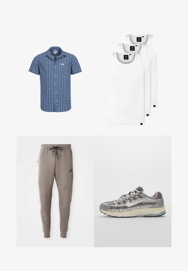 Cămașă cu mâneci scurte și nasturi, cu un model în carouri albastre și negre. Are un buzunar frontal și un logo pe piept. Fabricată din material din bumbac.; Trei maieuri albe ribbate din bumbac. Au un guler rotund și etichete negre mici lângă tiv. Disponibile în mai multe mărimi.; Pantaloni de trening gri Nike cu un braț de strângere la talie, picioare conice, buzunare laterale și detalii de cusătură distincte. Material moale, texturat.; Pantofii sport gri sunt realizați dintr-un amestec de plasă și piele întoarsă, cu accente albe, o talpă bine îmbrăcată și un design distinctiv cu elemente reflectorizante.