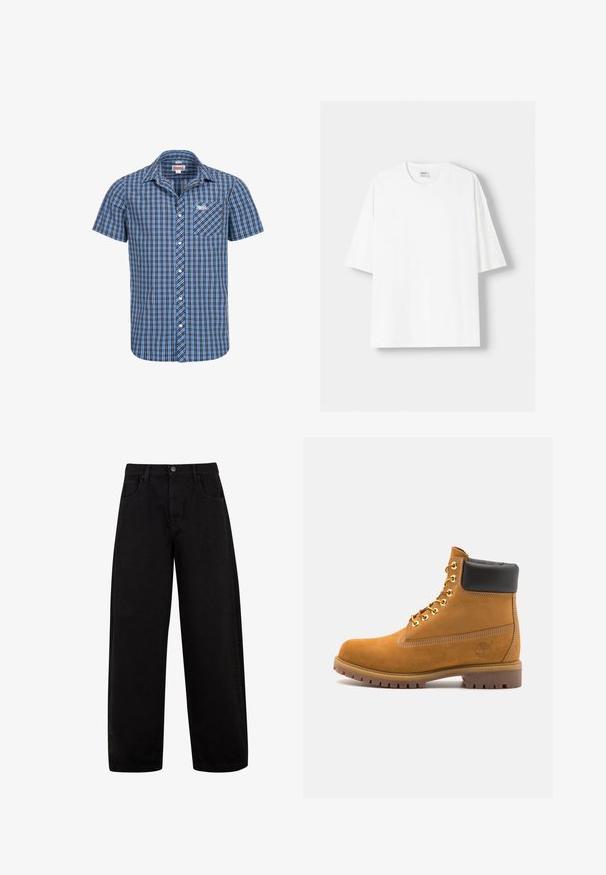 Koszula z krótkim rękawem zapinana na guziki w niebiesko-czarnym wzorze w kratę. Posiada kieszeń z przodu oraz logo na piersi. Wykonana z materiału bawełnianego.; Biała koszulka z krótkim rękawem wykonana z bawełny, z okrągłym dekoltem i luźnym krojem. Gładka faktura, bez widocznych wzorów lub akcentów.; Czarne dżinsy o szerokich nogawkach, wykonane z denimu, z przednimi kieszeniami, z zapięciem na guzik i czystym, minimalistycznym wzornictwem bez widocznych wzorów.; Beżowe zamszowe botki sięgające kostki z czarną wyściełaną krawędzią, złotymi oczkami, białymi detalami szycia oraz wytrzymałą gumową podeszwą z wyraźnym bieżnikiem.
