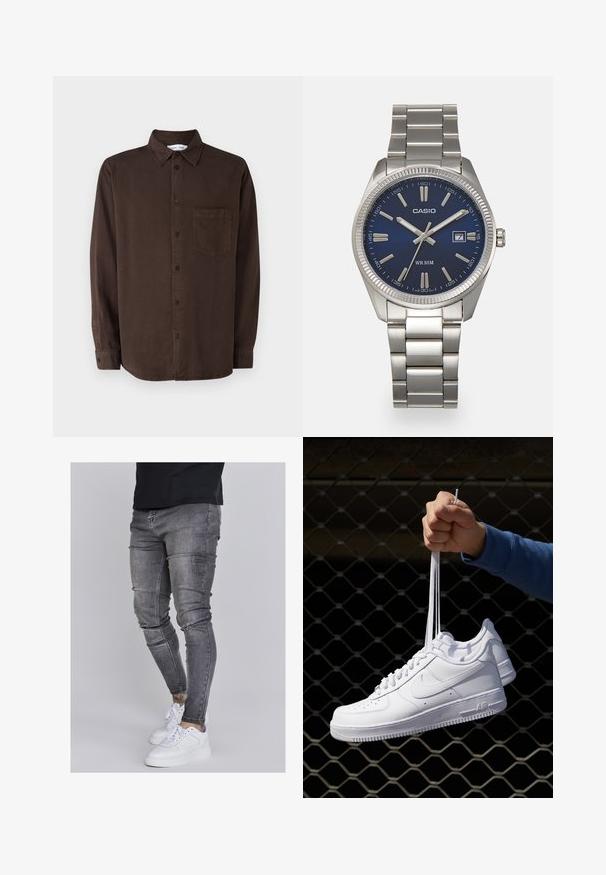 Samsøe Samsøe DAMON - Košile - chocolate torte; Slim fit džíny v bledě šedém denimovém provedení, s opotřebovanými detaily na kolenou, kombinované s bílými teniskami. Hladká textura, těsný střih.; Bílé kožené tenisky s perforacemi, kulatou špičkou, plochou podrážkou a silnými tkaničkami, které mají viditelné logo swoosh a nápis "AIR" na patě.; Stříbrný nerezový náramkový hodinky s navy modrým ciferníkem, kovovými hodinovými značkami a oknem pro datum na hodině 3. Vodotěsné do 50 metrů.