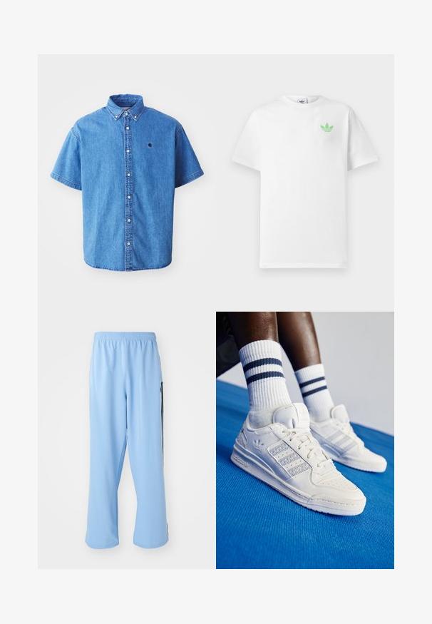 Chemise en denim à manches courtes de couleur bleu clair avec un col boutonné, comportant un logo sur la poitrine et des détails de couture visibles.; T-shirt en coton blanc à manches courtes, arborant un petit logo Adidas vert sur la poitrine gauche. Design simple et classique avec un col rond.; Pantalons de sport bleu clair en tissu lisse, avec une taille élastique et des rayures noires contrastantes sur les côtés.; Baskets en cuir blanc avec des accents perforés, trois bandes métalliques et un panneau latéral texturé. Portées avec des chaussettes blanches ornées de rayures bleues.