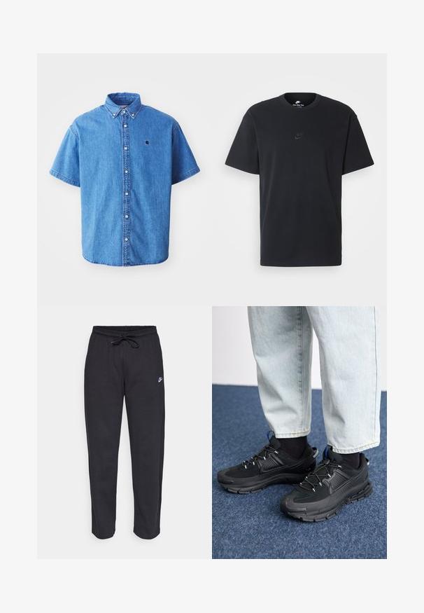 Cămașă din denim cu mânecă scurtă, de culoare albastru deschis, cu guler button-down, având un logo pe piept și detalii de cusătură notabile.; Tricou din bumbac negru Nike, cu guler rotund clasic, mâneci scurte și un logo subtil embosat pe piept. Textură netedă.; Pantaloni de trening negri dintr-un material moale, cu talie elastică, șnur de ajustare și un mic logo Nike pe coapsa stângă.; Pantofi sport negri, cu țesătură texturată și tălpi din cauciuc, având șireturi elastice și un accent albastru pe toc. Purtați cu pantaloni din denim deschis.