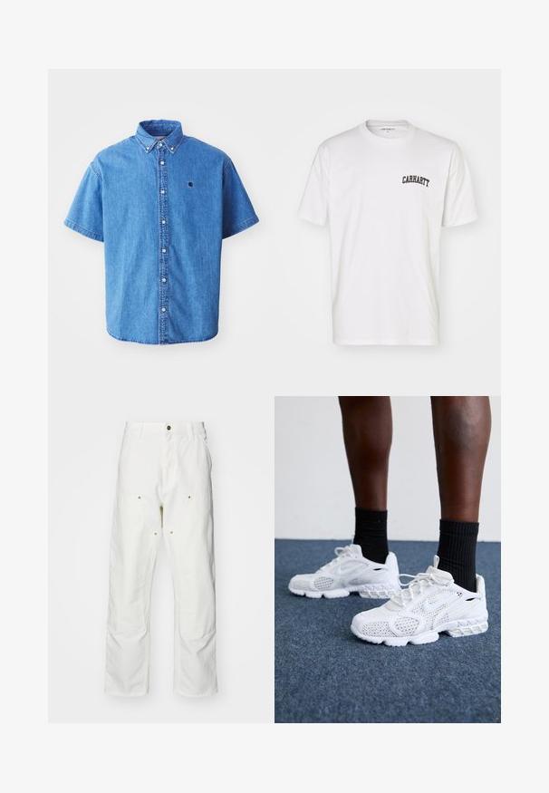 Camisa de mezclilla de manga corta en azul claro con cuello abotonado, que cuenta con un logo en el pecho y detalles de costura notables.; Camiseta de algodón blanca con mangas cortas y cuello redondo. Presenta un logo negro de "Carhartt" impreso en la parte superior izquierda del pecho.; Pantalones cargo de algodón blancos con un corte relajado. Las características incluyen bolsillos frontales, detalles en dorado y secciones de rodilla reforzadas.; Zapatillas deportivas blancas con parte superior de malla, acentos texturizados y suela acolchada. Combinadas con calcetines cortos de canalé negros sobre una superficie de moqueta azul.