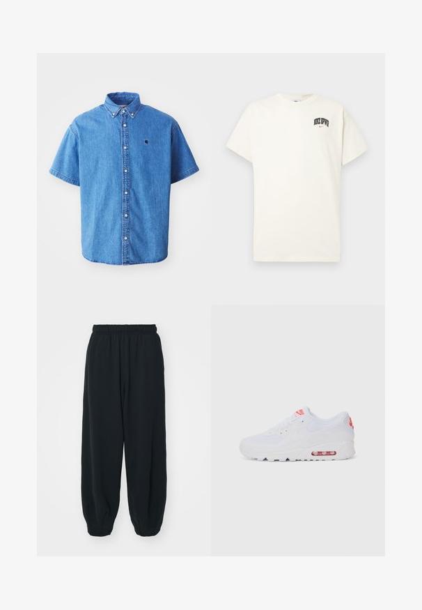 Helesinise denimist särk helesinises värvitoonis, millel on nööpidega kaelus, rinna peal logo ja silmatorkavad õmblusdetailid.; Kreemivalge puuvillane t-särk lühikeste varrukatega, millel on rinnal musta ja punase tekstiga "NIKE SB". Tavaline ümmargune kaelus.; Mustade elastse vöökoha ja laia lõikega dressipüksid, mansetiga sääred, sile tekstuur ning ilma nähtavate mustrite või detailideta.; Valged spordijalatsid, millel on sile pealis, seotud lipsud, pehmendusega tallad ja nähtav õhükamber, mille brändimisel on punased aktsendid.