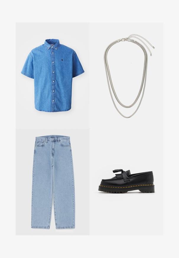 Džínová košeľa s krátkym rukávom v svetlomodrej farbe s golierom na gombíky, ktorá má náprsné logo a výrazné švy.; Svetlomodré denimové džínsy s rovnými nohavicami, s polovysokým pásom, piatimi vreckami a zapínaním na gombík a zips.; Čierne kožené loafre s detailom na strapcoch, s masívnou čiernou podrážkou a žltým prešitím pozdĺž okraja. S textúrovaným povrchom.; Trojvrstvový náhrdelník zo strieborného kovu s elegantnými, flexibilnými reťazami s jemným leskom, zabezpečený sponou typu langusta a nastaviteľným reťazcom.