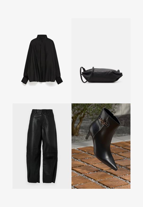 Schwarze Bluse mit hohem Kragen, langen Ärmeln und geknöpften Manschetten. Aus glattem, glänzendem Stoff gefertigt, mit lockerer Passform und einer Mittelnähten auf der Rückseite.; Schwarze Lederhose mit lockerer Passform, geradem Bein, Fronttaschen und sichtbaren Nähten.; Schwarze Leder-Ankle-Boots mit spitzem Zehen und kleinem Absatz. Mit einem goldenen Kettenakzent am Knöchel. Umgeben von einer strukturierten Steoberfläche.; Schwarze Leder-Clutch mit rechteckiger Form, glatter Textur, dünnem Schulterriemen und minimalistischer Gestaltung.