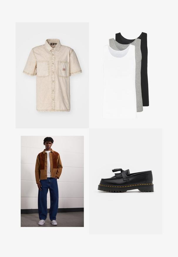Beige, rövid ujjú ing gombos elülső résszel, két mellzsebbel, látható varrási részletekkel és klasszikus gallérral.; Három ujjatlan póló fehér, szürke és fekete színben. Mindegyik klasszikus ujjatlan dizájnnal készült, könnyű pamut anyagból, bordázott textúrával.; Férfi áll bent egy barna kordbársony dzsekiben rozsdás foltokkal, fehér pólóban, laza kék farmerben és fehér sportcipőben.; Fekete bőr mokaszin, rojtos díszítéssel, masszív fekete talppal és sárga varrással az élén. Texturált felület.