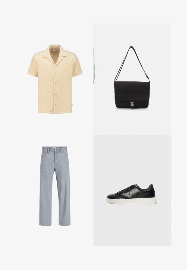 Lyhythihainen paita, joka on valmistettu teksturoidusta vaaleankeltaisesta kankaasta. Paidassa on geometrinen kuvio, lovettu kaulus ja viisi nappia edessä.; Vaaleansiniset farkut rento istuvuus, suorat lahkeet, näkyvät saumat, kaksi etutaskua ja napitus.; Musta lenkkarit, joissa on teksturoitu krokotiililla kohokuvioitu nahkapinta, pyöristetty varvas ja erottuva valkoinen kumipohja, jossa on sileä pinta.; Musta viestintälaukkua, joka on valmistettu sileästä materiaalista. Laatikko sisältää taitettavan kannen, hopeiset soljet ja säädettävän olkahihnan.