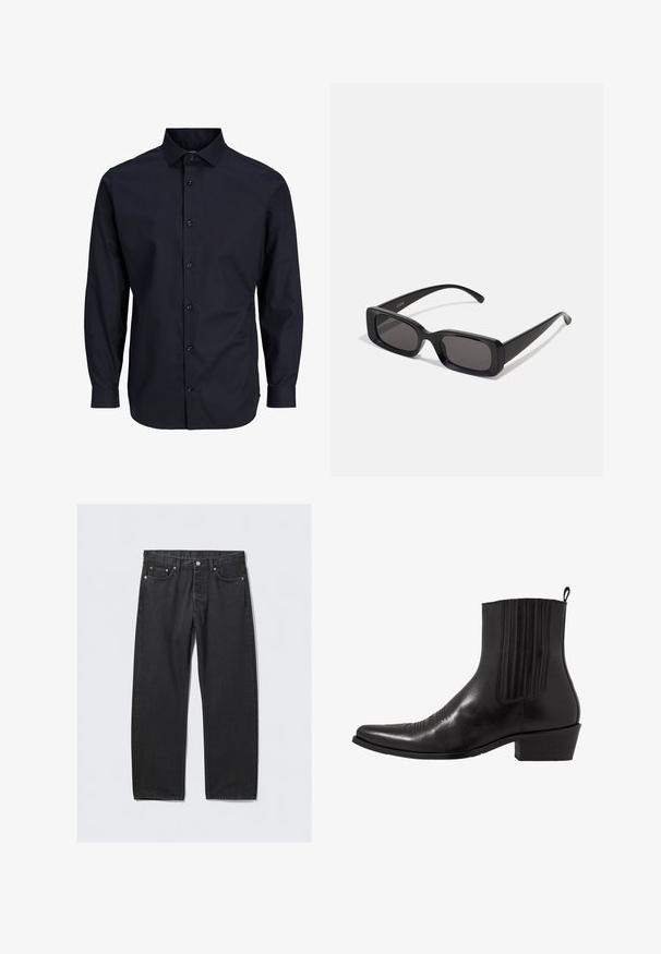 Navy blauwe blouse met lange mouwen, standaard kraag, voorste sluiting, gladde textuur en knoopsluiting bij de manchetten.; Zwarte denim jeans met een rechte pijp, voorzien van een knoopsluiting, vijf zakken en hardwareaccenten in koperkleur. Soepele textuur.; Zwarte leren enkellaarzen met een spitse neus, elastische zijpanele, verticale stiksels en een lage blokhak.; Zwarte rechthoekige zonnebril met donkere lenzen, glanzende afwerking, brede pootjes en een robuust frameontwerp. Gegraveerde merknaam op één van de pootjes.