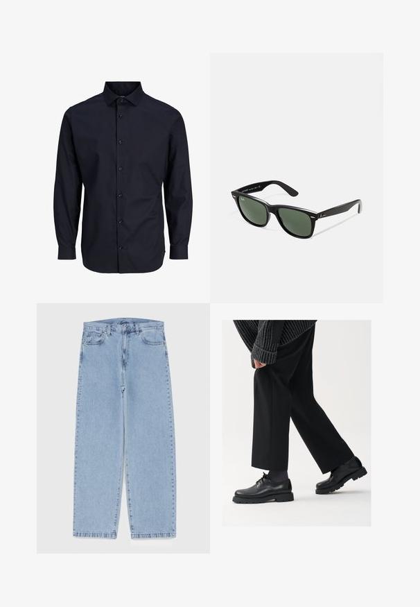 Mornarsko plava košulja s dugim rukavima, klasičnim ovratnikom, prednjim kopčanjem, glatkom teksturom i manžetama na jedan gumb.; Svijetloplave traperice s ravnim nogavicama, sa srednjim strukom, pet džepova i zatvaranjem na dugme i patentni zatvarač.; Crne kožne cipele s okruglim nosom, dizajnom na vezivanje i debelim, teksturiranim potplatom. Nosive s krojenim crnim hlačama i rebrastim puloverom.; Crne plastične sunčane naočale s zelenim staklima, kvadratni okviri, srebrni naglasak na obrvi i teksturirane ručke. Naziv brenda naveden na unutrašnjoj strani ručke.
