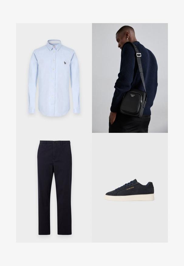Lichtblauw overhem shirt met lange mouwen, een kraag en knopen aan de voorkant, en een klein geborduurd zebra detail op de borst.; PS Paul Smith TROUSER - Chino - dark blue; Navyblauwe suède lage sneakers met een witte zool, navy veters en het 'Filling Pieces' logo in goud op de zijkant.; Zwarteleren schoudertas met een ritscompartiment, logo-detail en een verstelbare band met merk. Draag gezien tegen een gestructureerde marineblauwe trui.
