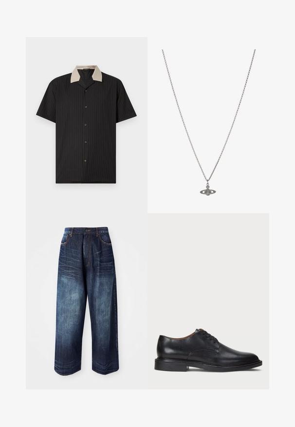 Lühikeste varrukatega must särk, millel on vertikaalsed triibud, beezist krae ja ees nupud. Valmistatud kergest kangast, millel on sile tekstuur.; Tumedast sinine denim laiad püksid, millel on kõrge vöökoht, kontrastõmblused, esikotid ja sile tekstuur koos kerge pleekimisega.; Must musta kleitjalats ümarate varvastega, paeltega disain ja madal virnastatud konts. Sile tekstuur minimaalsete õmblustega.; Hõbedane kettkaelakee, millel on detailselt kujundatud pendel, mis on planeedi kuju, kaunistatud väikeste aktsentide ja keerukate mustritega.