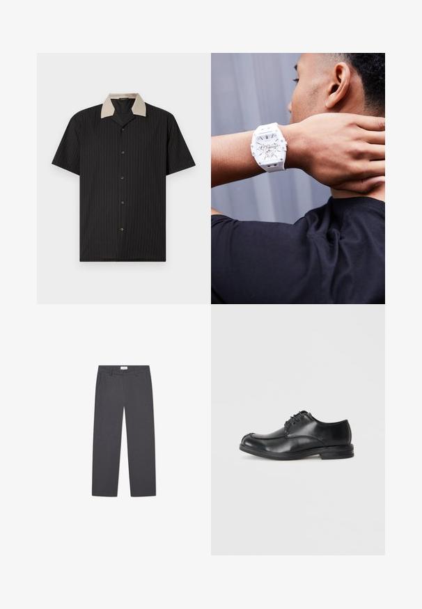 Krátky rukáv košele v čiernej farbe s vertikálnymi prúžkami, s béžovým golierom a prednými gombíkmi. Vyrobená z ľahkého materiálu s hladkou textúrou.; Sivé nohavice s rovnými nohavicami vyrobené z ľahkej látky, s dvoma prednými vreckami a zipsom s gombíkovým zapínaním.; Čierne kožené šnurovacie topánky s okrúhlou špičkou, hladkým povrchom a nízkym podpätkom. Obsahujú vypracovanie švov pozdĺž vrchu a strán.; Biely gumený náramok s masívnym dizajnom, priehľadným ciferníkom a striebornými akcentmi, nosený na zápästí proti tmavému pozadiu košele.