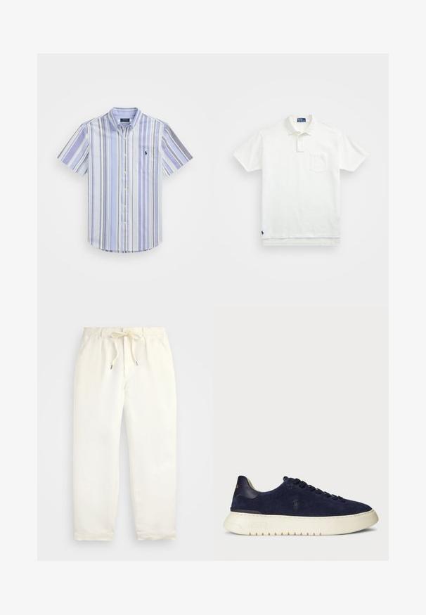 Short-sleeve, button-up shirt with alternating light blue, white, and purple vertical stripes. Includes a chest pocket and embroidered logo.; White polo shirt made of cotton, featuring a classic collar, three-button placket, and a left chest pocket; small logo at the hem.; Light cream, casual pants made of soft fabric. Features an elastic waistband with a drawstring, and tapered leg design.; Navy suede low-top sneaker with a textured surface, rubber sole, and tonal laces, featuring a small logo on the side and heel.