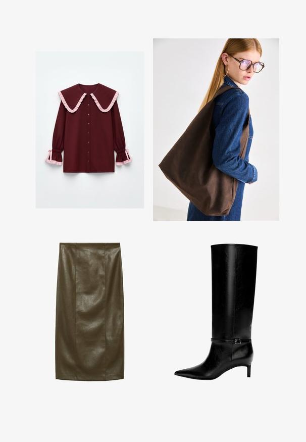 Bordeauxbluse med en stor flæsekant, pink accenter, knaplukning foran og sammensnørede ærmer med pink flæser ved manchetterne.; Oliven grøn pencil skirt i faux læder med en glat tekstur, knælængde, der har lodrette sømme for et skræddersyet look.; Sort læderknæhøj støvle med spids tå og en lille hæl. Har en smal rem med en metallisk spænde omkring anklen. Glat overflade.; Brun læder tote taske med en blød tekstur, der har en rummelig design og en enkel skulderrem. Bruges med en blå denimjakke.