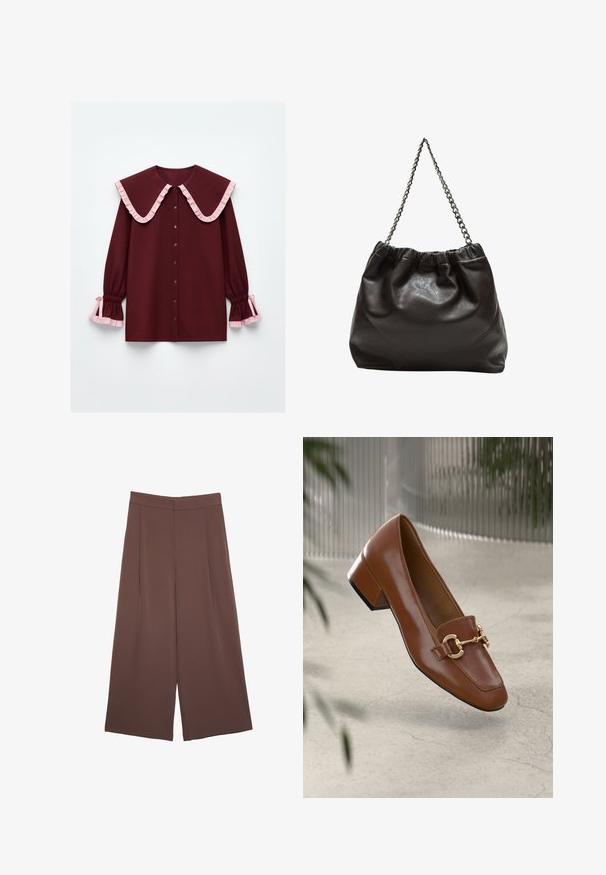 Bordeauxbluse med en stor flæsekant, pink accenter, knaplukning foran og sammensnørede ærmer med pink flæser ved manchetterne.; Brune bredbunde bukser med en glat tekstur, der har høj talje og plisseringer foran. Stoffet er let og falder løst.; Brun patentlæder loafers med firkantet tå, metallisk kædeaccent og lav blokhæl; glat tekstur, minimalistisk design.; Brun lædertaske med en rynket top og en kædestrop. Glat tekstur med en blank finish og subtile sømdetaljer på siderne.