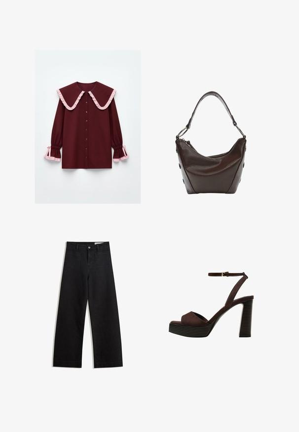 Bordeauxbluse med en stor flæsekant, pink accenter, knaplukning foran og sammensnørede ærmer med pink flæser ved manchetterne.; Sorte wide-leg denim bukser med høj talje, der har front- og baglommer, syede sømme og en knaplukning. Glat tekstur.; Brune ruskinds højhælede sandal med åben tå, justerbar ankelrem og en stribet plade sål.; Mørkebrunt læderhandbag med en kurvet form, lynlåslukning og et kort håndtag. Har metalhardware og dekorative sorte knapper på siden.