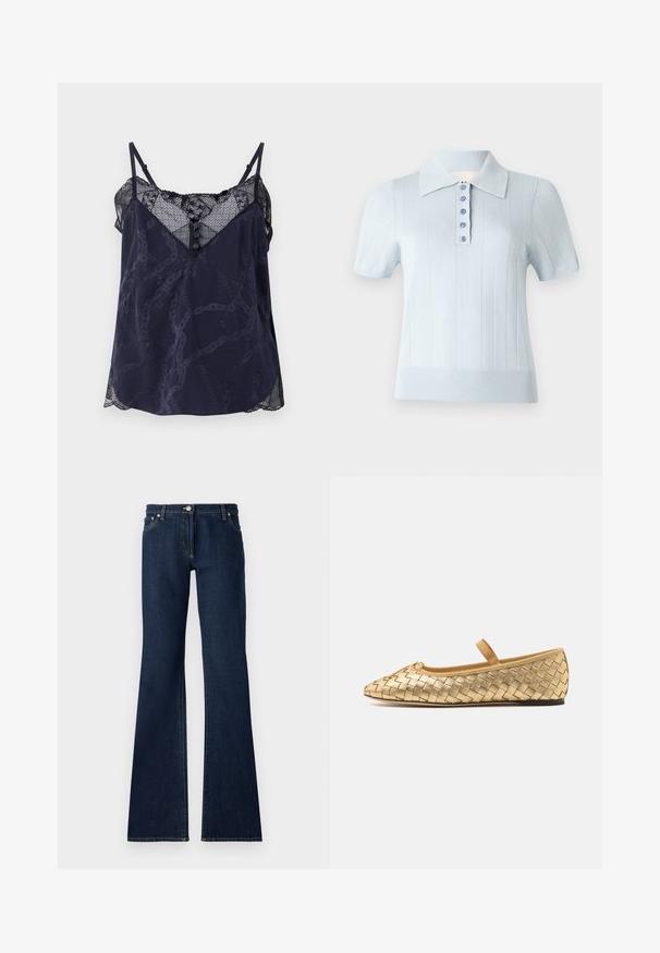 Tengerészkék spagettipántos felső, csipke díszítéssel és hullámos szegéllyel, geometrikus mintával és gomb részlettel a nyak vonalán. Puha anyagú textúra.; Világoskék, rövid ujjú poloing bordázott textúrával, lapos gallérral és elülső gombolással, hat azonos gombbal.; Sötétkék, harangszárú farmer, öt zsebes kivitelben, övhurkokkal és kontrasztos sárga varrással az illeszkedéseknél.; Loeffler Randall LEONIE SOFT BALLET FLAT - Bokapántos balerina cipők - gold