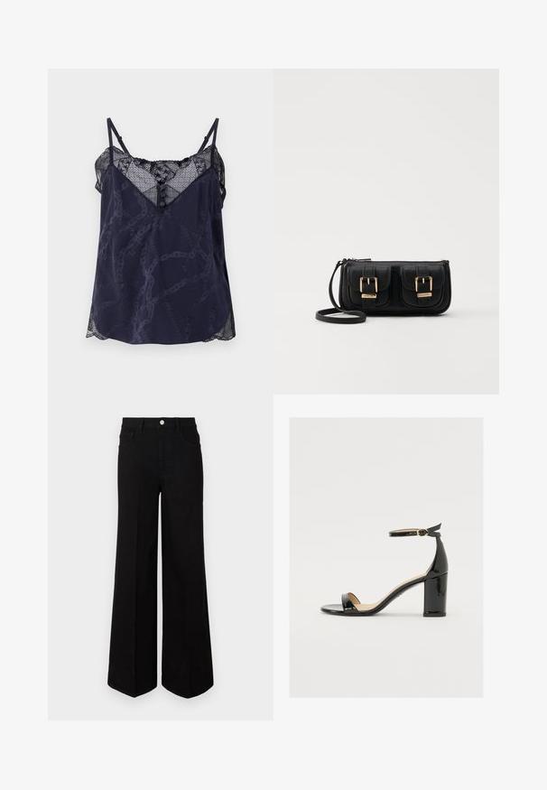 Camisă navy cu dantelă și margini zimțate, având un model geometric și detalii cu nasturi la decolteu. Textură moale a țesăturii.; Jeanși negri cu picior larg, fabricați dintr-un material rezistent, având talie înaltă, buzunare frontale și închidere cu nasture în față. Tăietură dreaptă la bază.; Sandal cu toc lat din piele lacuită neagră, cu vârf deschis și curea pentru gleznă, având o cataramă aurie. Textură netedă și design elegant.; Geantă neagră din piele, tip crossbody, cu două buzunare frontale, catarame aurii, închidere cu fermoar și o curea subțire. Suprafață texturată și formă rectangulară compactă.