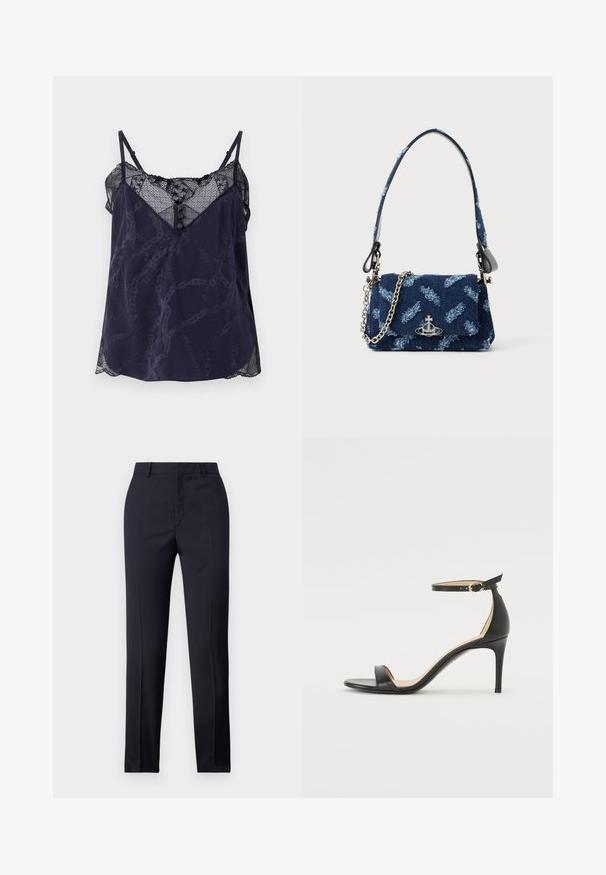 Námornícky top s čipkovým lemovaním a zúbkovanými okrajmi, s geometrickým vzorom a detailom gombíka na výstrihu. Mäkká tkanina.; Námornícke nohavice s rovnými nohavicami, so hladkou textúrou, dvoma prednými vreckami a čistým pásom.; Čierne kožené sandále na vysokom podpätku s popruhom okolo členka. Vlastnosti hladkého povrchu, otvorenej špičky a tenkého podpätku. Detail zlatého spony.; Tmavomodrá kabelka z textilného materiálu s textúrovaným dizajnom, striebornými detailmi a odnímateľným reťazovým popruhom. Obsahuje zavretie na klapku a akcent loga.