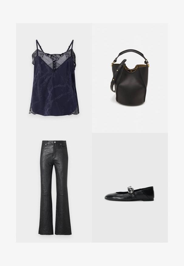 Navy camisole with lace trim and scalloped edges, featuring a geometric pattern and button detail at the neckline. Soft fabric texture.; Black leather flared pants featuring a crinkled texture, high waist, front pockets, and a classic button closure with zip fly.; Black leather ballet flats with a pointed toe, featuring a strap with a circular metallic buckle and a flat sole.; Black leather bucket bag with a textured finish, gold hardware accents, and an open top. Features a short handle and adjustable shoulder strap.