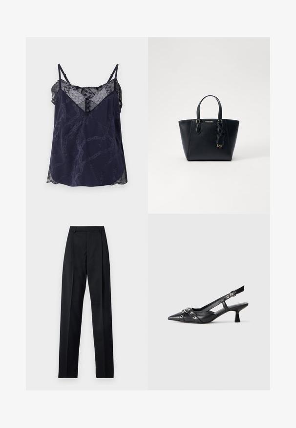 Navy camisole with lace trim and scalloped edges, featuring a geometric pattern and button detail at the neckline. Soft fabric texture.; Black trousers made from smooth fabric featuring a high waist, wide legs, front pleats, and classic belt loops. No side pockets visible.; Black leather slingback shoe with a pointed toe, decorative straps featuring metal eyelets, and a low block heel. Textured surface.; Black leather handbag with a structured shape, short dual handles, gold-tone hardware, and a side tag accessory. Smooth, textured finish.