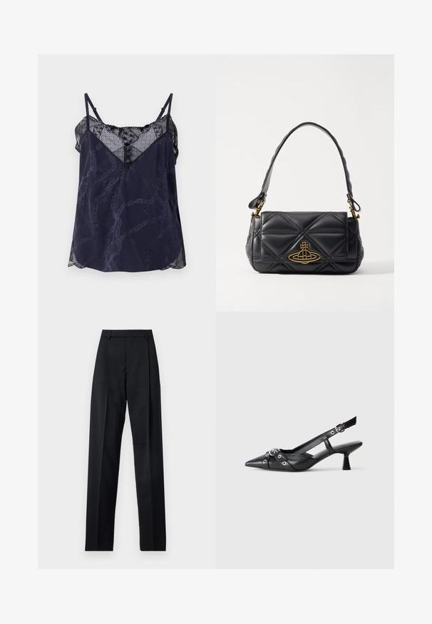 Navy camisole with lace trim and scalloped edges, featuring a geometric pattern and button detail at the neckline. Soft fabric texture.; Black trousers made from smooth fabric featuring a high waist, wide legs, front pleats, and classic belt loops. No side pockets visible.; Black leather slingback shoe with a pointed toe, decorative straps featuring metal eyelets, and a low block heel. Textured surface.; Black quilted leather handbag with a golden logo accent. Features a short handle and a structured, rectangular shape. Textured surface.