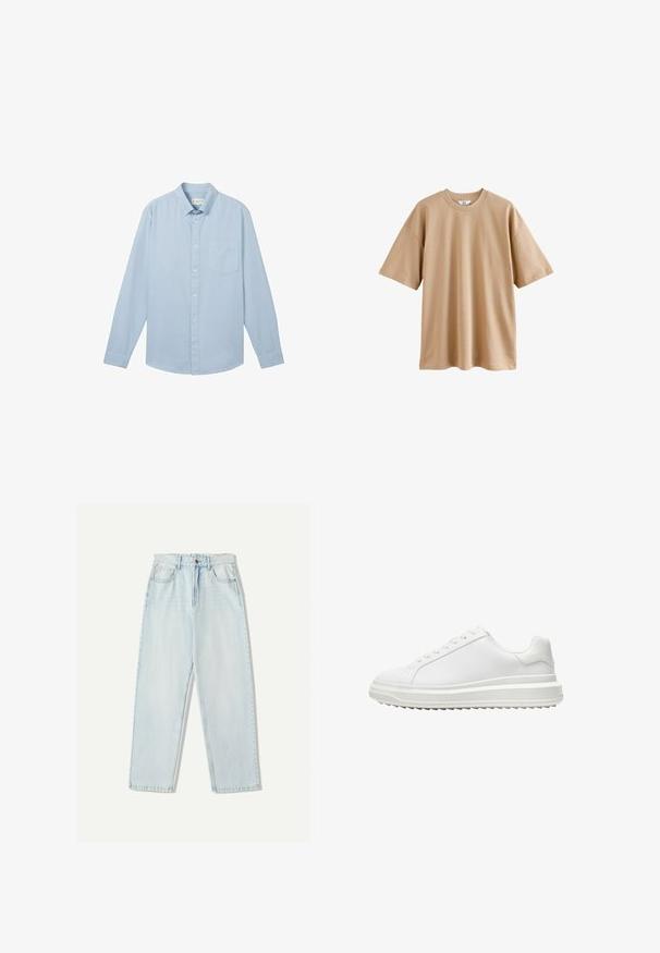 Camicia azzurro chiaro a maniche lunghe realizzata in tessuto con un motivo testurizzato, dotata di colletto button-down e una tasca sul petto.; T-shirt beige a maniche corte in cotone con colletto rotondo e vestibilità rilassata, caratterizzata da una trama liscia e priva di motivi o dettagli decorativi.; Jeans in denim azzurro chiaro con una vestibilità comoda, design a gamba dritta, stile a cinque tasche e leggere sfumature sul tessuto.; Sneaker bianco con una tomaia sintetica liscia, punta rotonda, lacci piatti, suola testurizzata e un design a piattaforma stratificata per un'altezza extra.