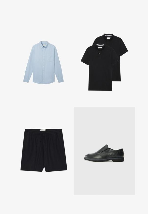 Lyseblå langermet skjorte laget av stoff med teksturert mønster, med krage som kan lukkes med knapper og en enkelt brystlomme.; To svarte polo skjorter, kortermet, i bomullsmateriale, med krage i klassisk stil, to-knapps knappestolpe, og hvite striper inni kragen.; Svart, elastiske shorts med strikk i taljen og snøring, med en glatt tekstur og rett snitt, egnet for uformell bruk.; Sorte skinn slip-on sko med en jevn overflate, stikking detaljer, rund tå og en lav gummihæl. Sålen har minimal mønstring.