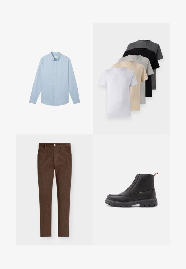 Hele sinine pika varrukaga särk, mis on valmistatud tekstuuriga kangast, millel on nööpidega krae ja üks rinnatasku.; Viie lühikese varrukaga T-särgi komplekt, mis sisaldab valget, beeži, heletüüki, tumehallit ja musta. Valmistatud siledast puuvillast, ümmarguse kaela disainiga.; Pruunid korduroypüksid sirge lõikega, millel on nupuga sulgumine, eesosal olevad taskud ja vertikaalne ribakujundus kogu püksil.; Pruunist nahast pahkluu saapad, ümarate varvastega, ühtlase õmblusega, robustse musta kummitallaga ning oranži tõmbepaela ehk silmusegaga kannal.